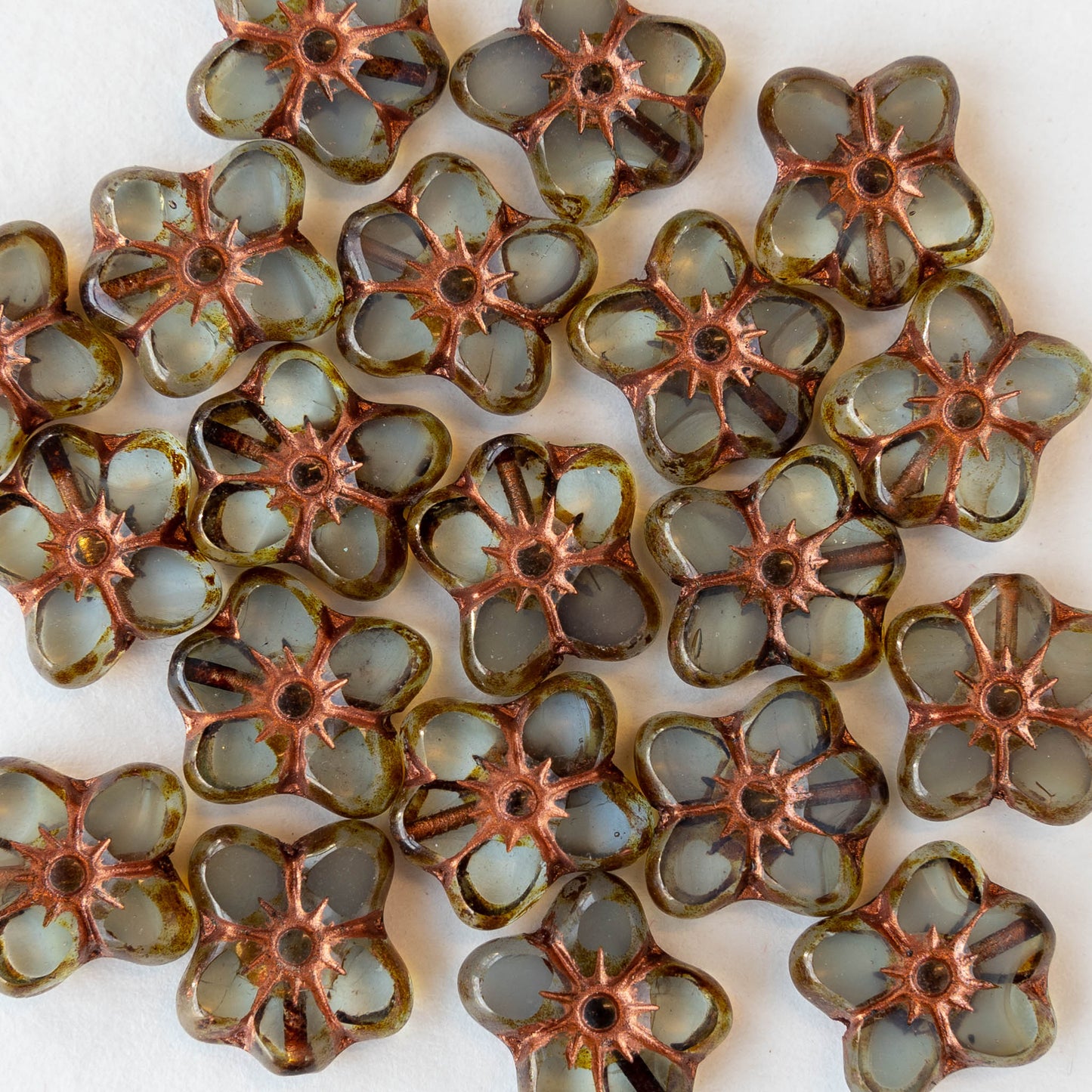 12x14mm Glass Table Cut Flower Beads - Smokey Green glass with a Copper Finish - 10 or 40