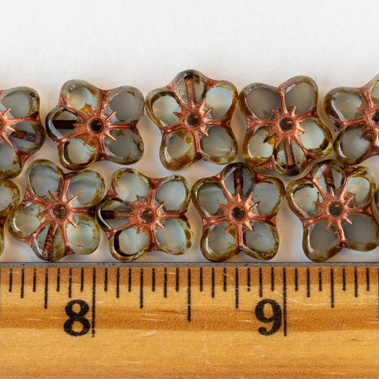12x14mm Glass Table Cut Flower Beads - Smokey Green glass with a Copper Finish - 10 or 40