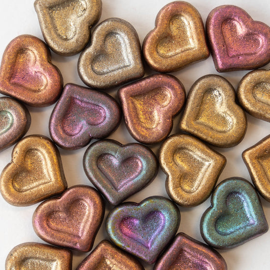 14mm Glass Heart Beads - Gold Iris Matte - 10 hearts