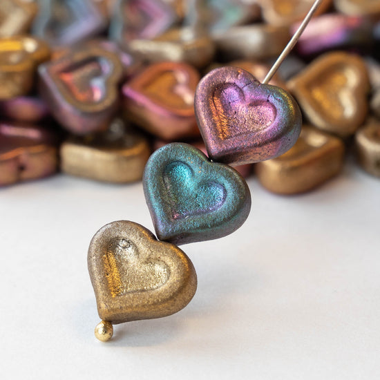 14mm Glass Heart Beads - Gold Iris Matte - 10 hearts