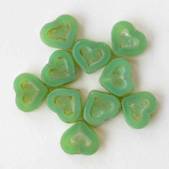14mm Heart Beads - Light Opaline Green - 10 hearts
