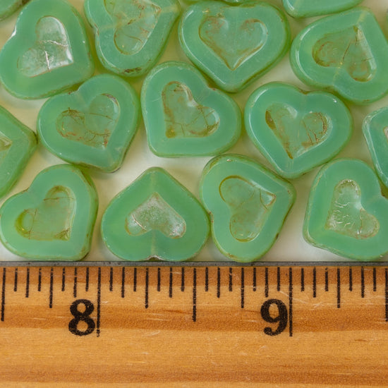 14mm Heart Beads - Light Opaline Green - 10 hearts