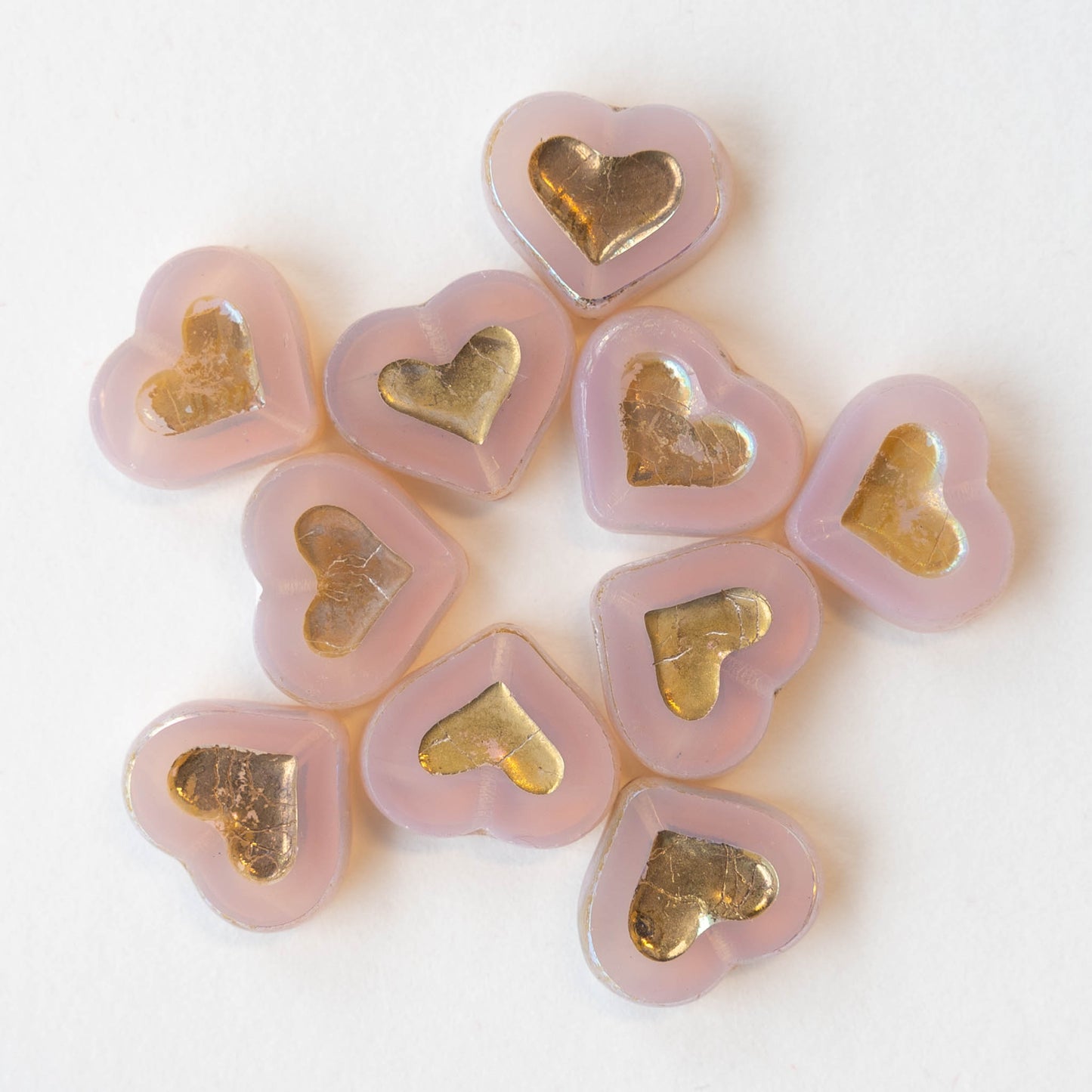 14mm Heart Beads - Pink with Gold Wash - 10 hearts