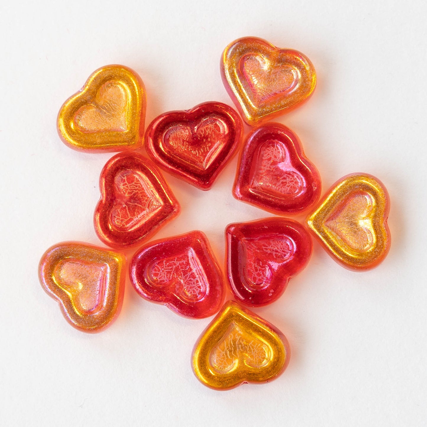 14mm Glass Heart Beads - Orange Yellow Mix - 10 hearts