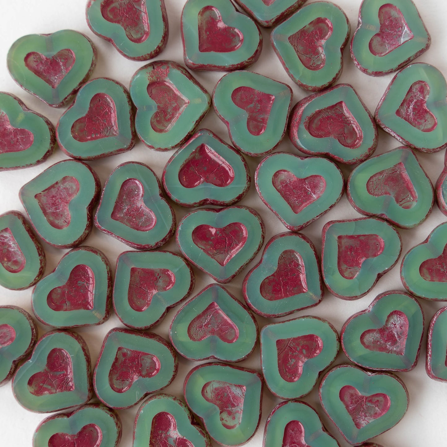 14mm Heart Beads - Opaline Green with Pink Wash - 10 hearts