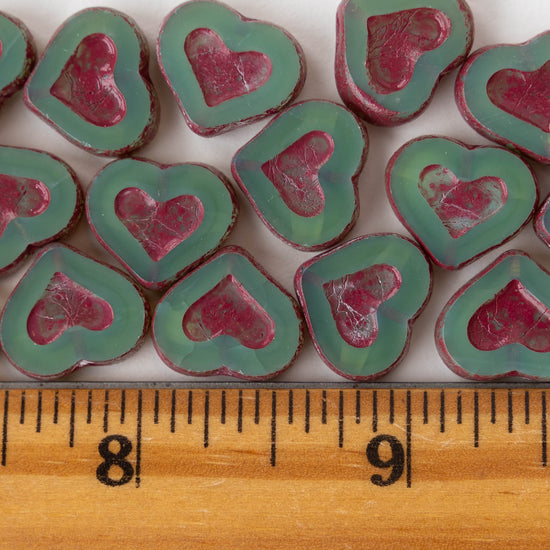 14mm Heart Beads - Opaline Green with Pink Wash - 10 hearts