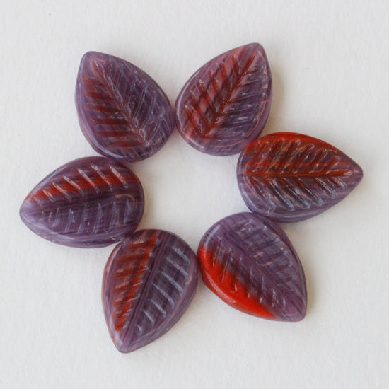 Load image into Gallery viewer, 12x16mm Glass Leaf Beads - Purple Red Mix - 10 Leaves

