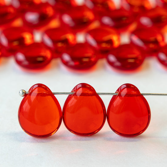 12x16mm Flat Glass Teardrop Beads - Siam Red - 20 Beads