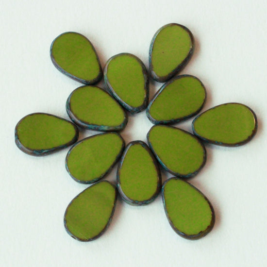 18mm Table Cut Drops - Olive Green with Picasso Edges - 10 Beads