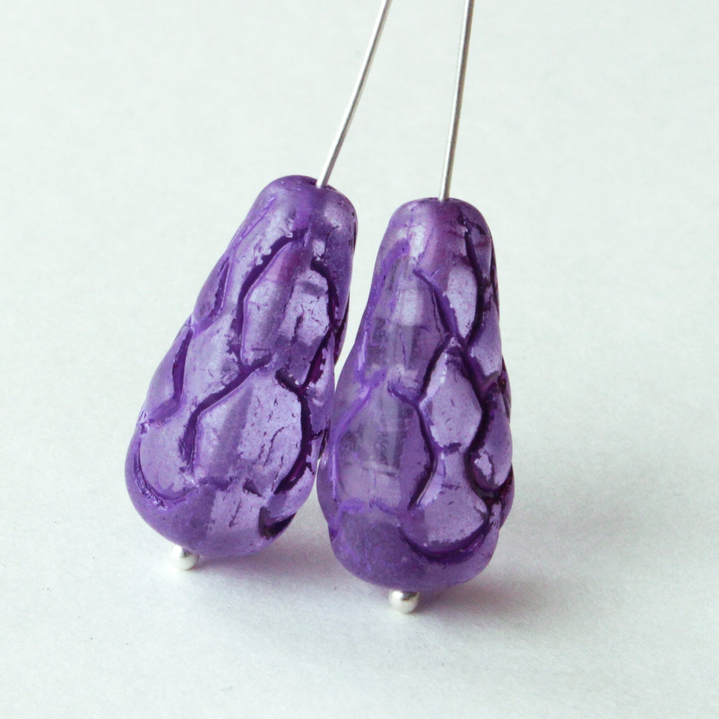Load image into Gallery viewer, 25x12mm Long Drilled Designed Drops - Purple - 6 Beads
