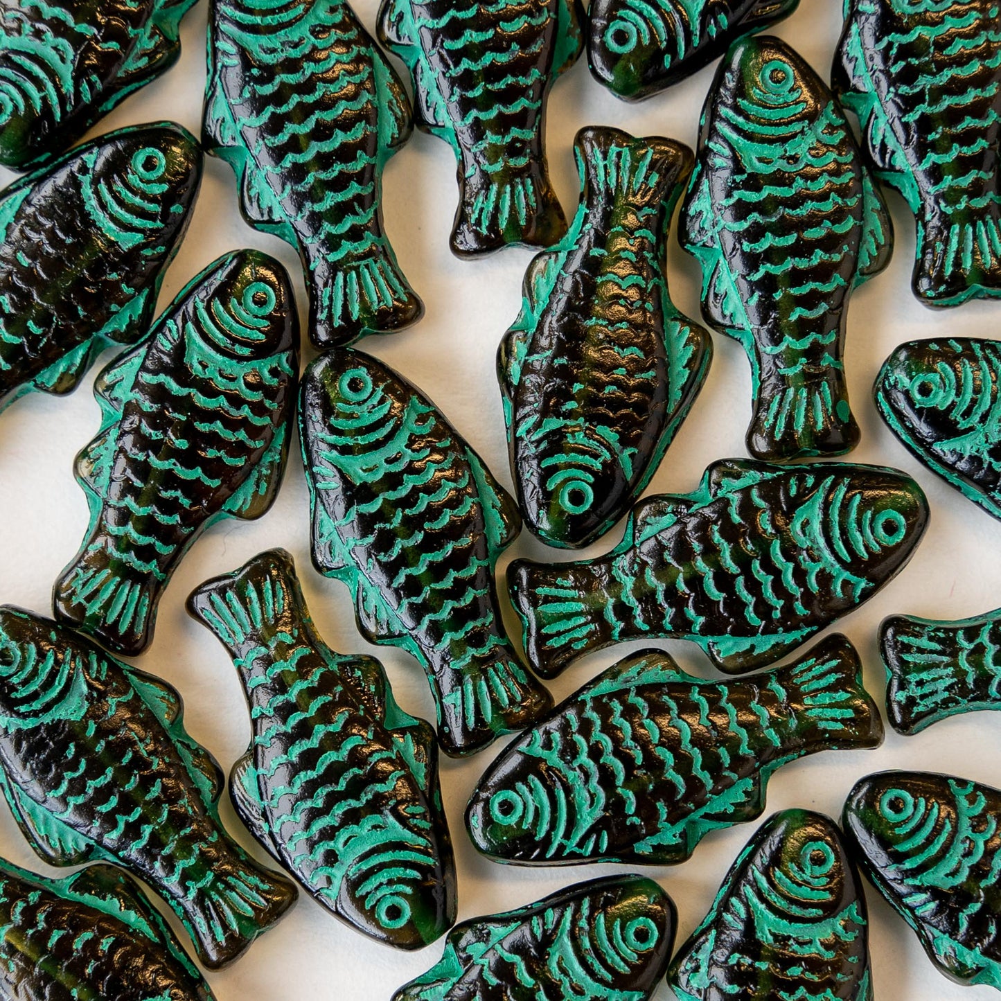 Glass Fish Beads - Amber Glass with Green Wash - 6 or 12