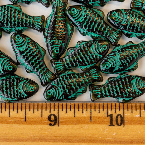 Glass Fish Beads - Amber Glass with Green Wash - 6 or 12