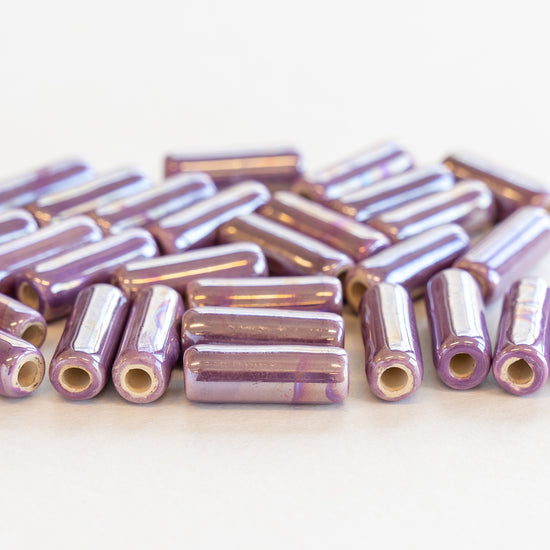 6x17mm Glazed Ceramic Tube Beads - Iridescent Purple Passion - 8 or 24