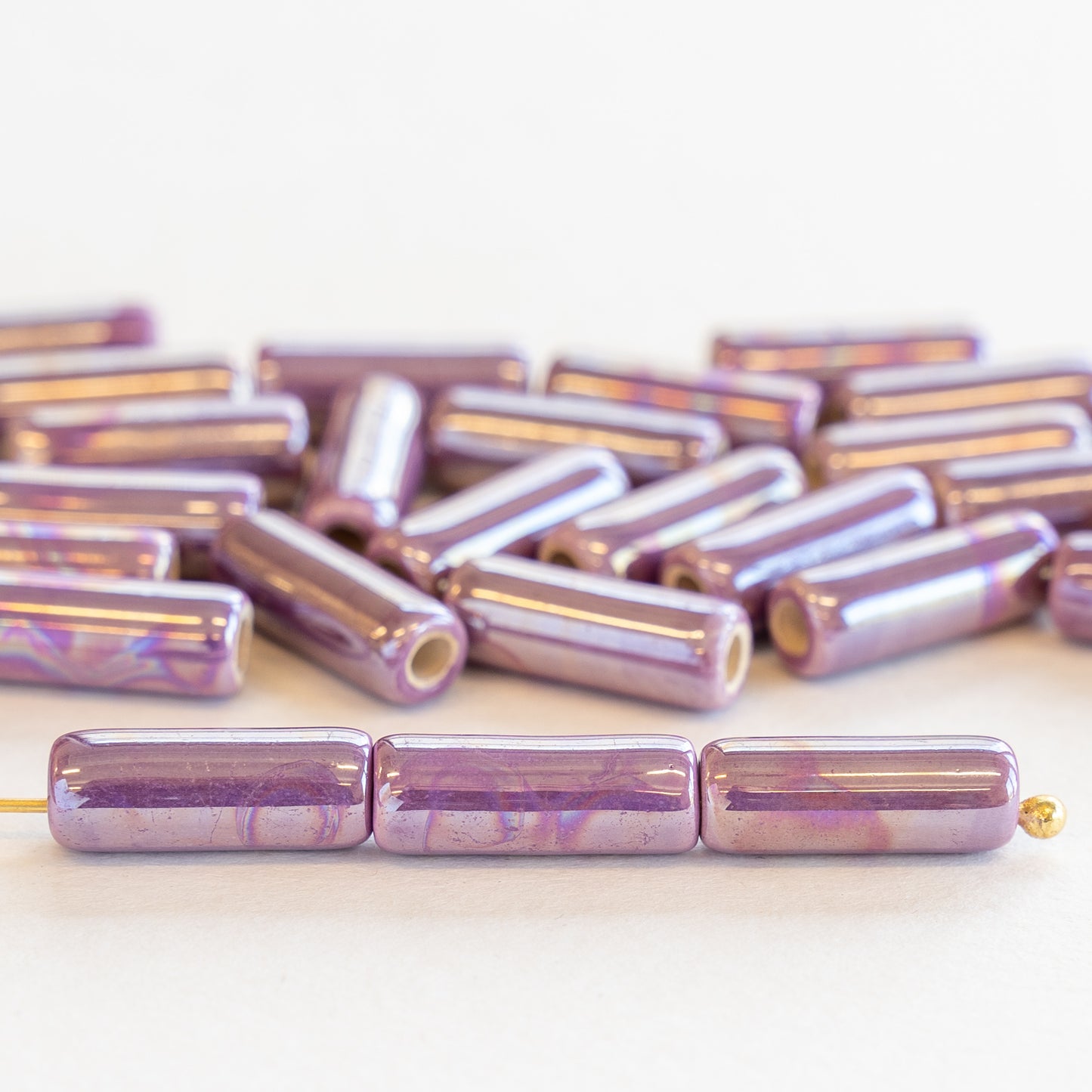 6x17mm Glazed Ceramic Tube Beads - Iridescent Purple Passion - 8 or 24