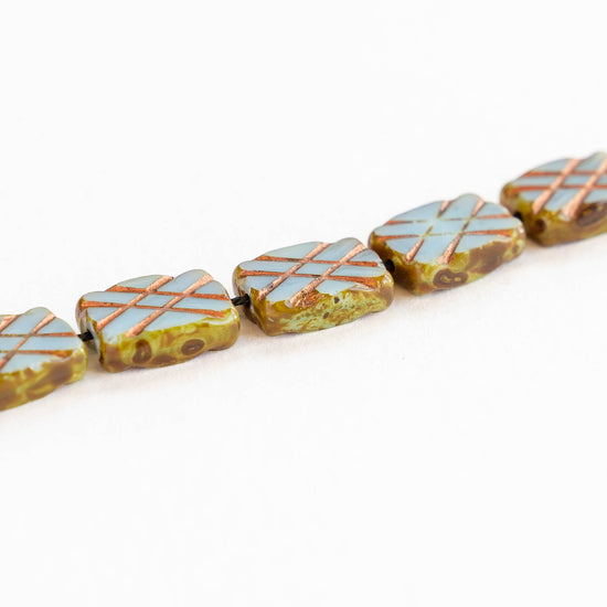 12x8mm Glass Rectangle Beads - Blue with Copper Wash