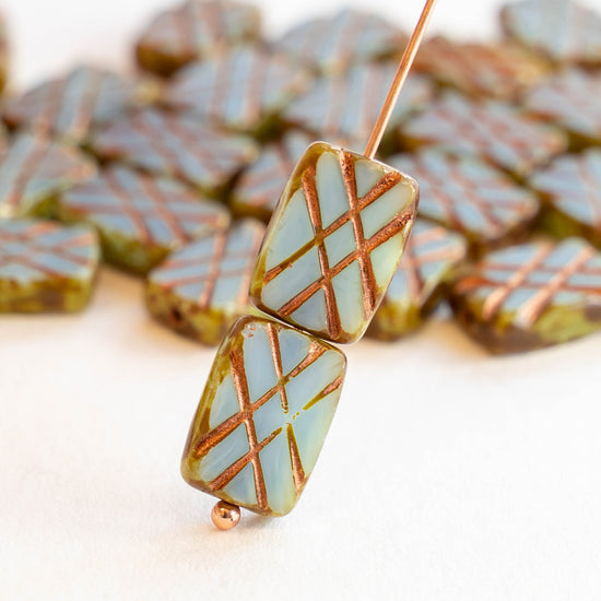 12x8mm Glass Rectangle Beads - Blue with Copper Wash