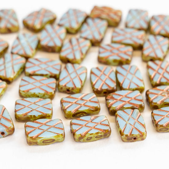 12x8mm Glass Rectangle Beads - Blue with Copper Wash