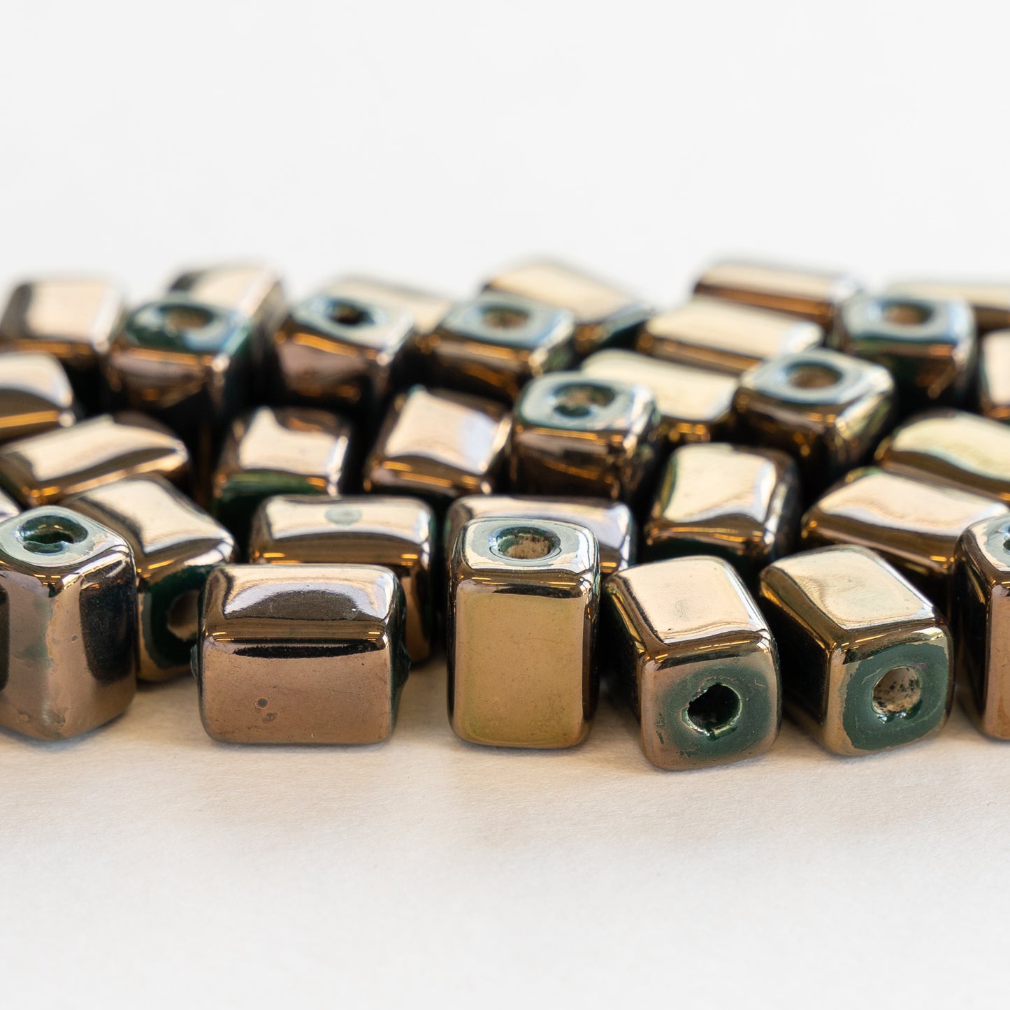 9x12mm Shiny Glazed Ceramic Rectangle Beads - Bronze & Forest Green