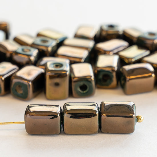 9x12mm Shiny Glazed Ceramic Rectangle Beads - Bronze & Forest Green