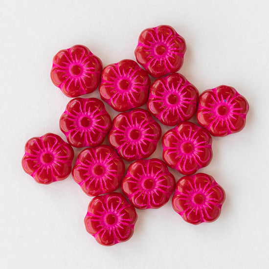 13mm Glass Flower Beads - Red with Pink Wash - 10 or 30 beads