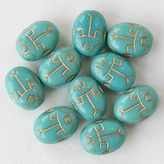 Metallic Scarab Beads - Turquoise with Gold Wash - 8 beads