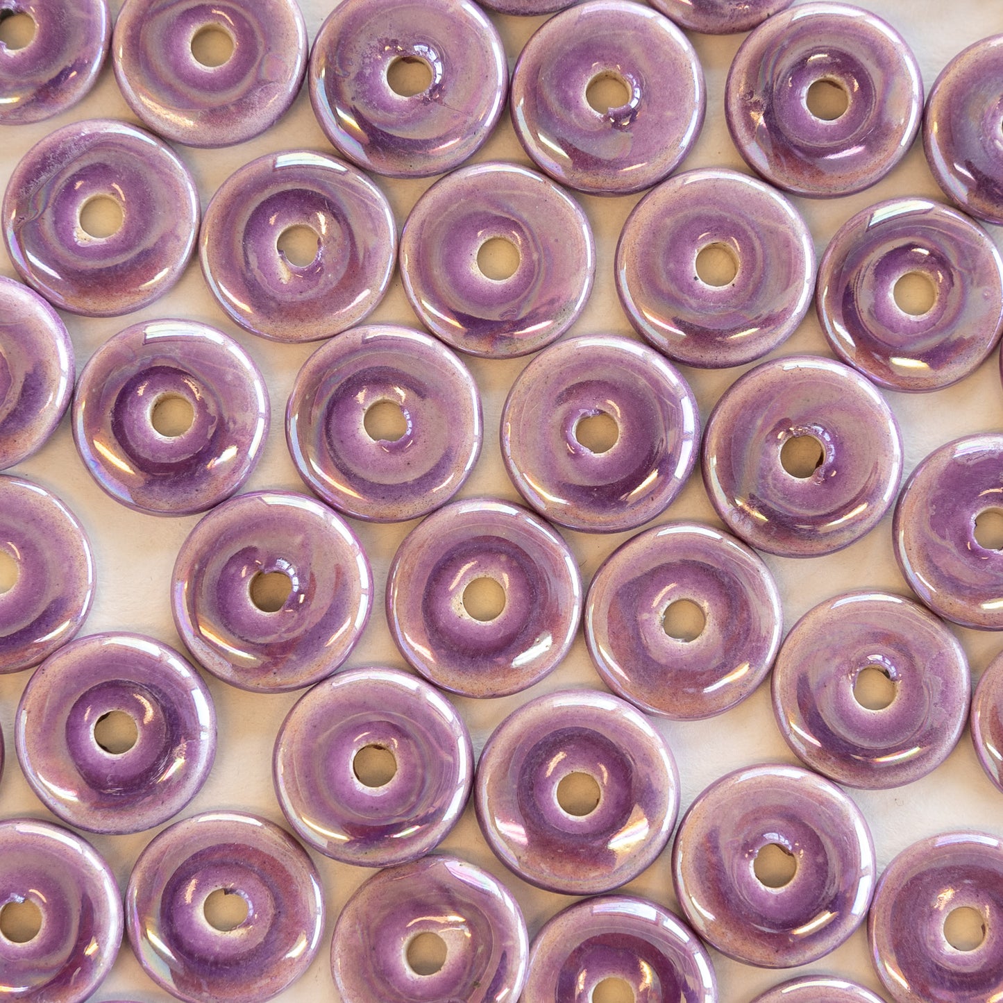 13mm Glazed Ceramic Disk Beads - Lilac Luster