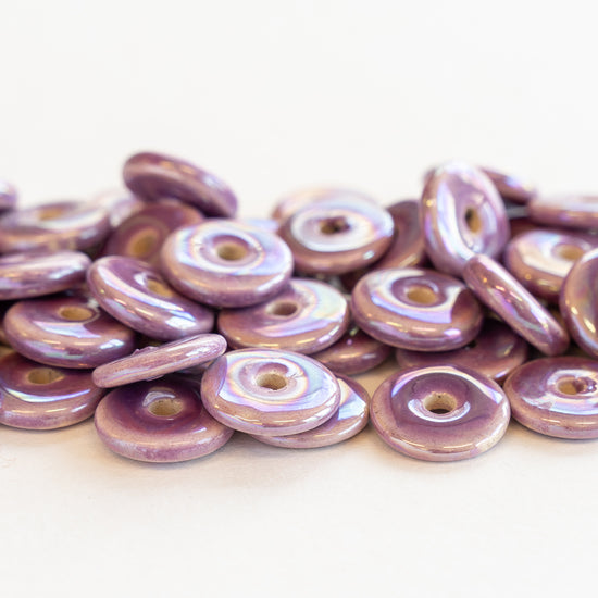 13mm Glazed Ceramic Disk Beads - Lilac Luster