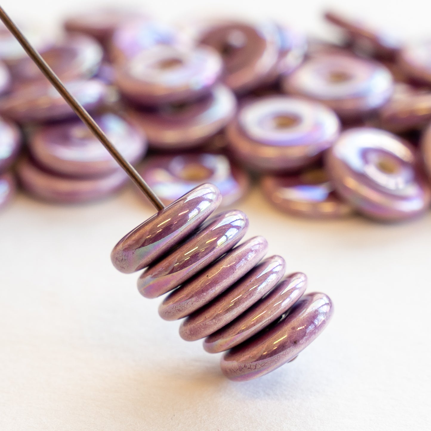 13mm Glazed Ceramic Disk Beads - Lilac Luster