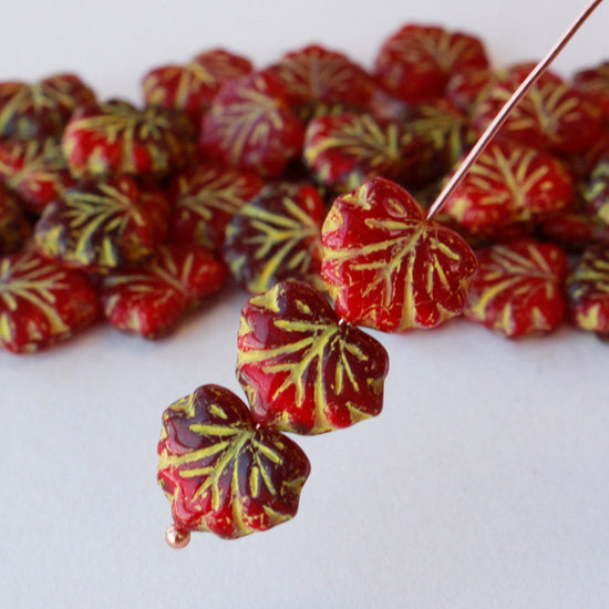 Czech Glass Leaf Beads - Two Tone Red - 10 beads