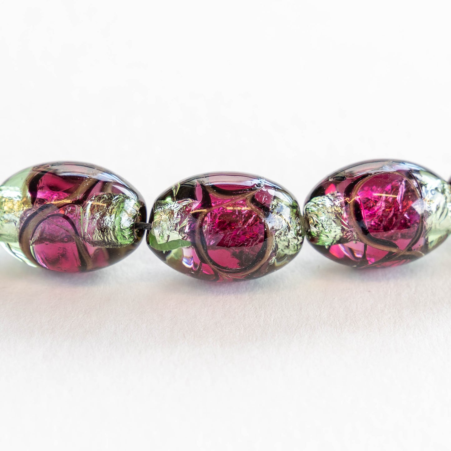 13x20mm Oval Lampwork Foil Beads - Amethyst and Peridot - 1, 2 or 4