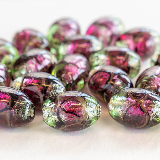 13x20mm Oval Lampwork Foil Beads - Amethyst and Peridot - 1, 2 or 4