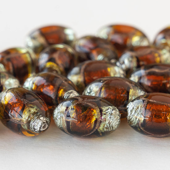 13x20mm Oval Lampwork Foil Beads - Amber - 1,2 or 4