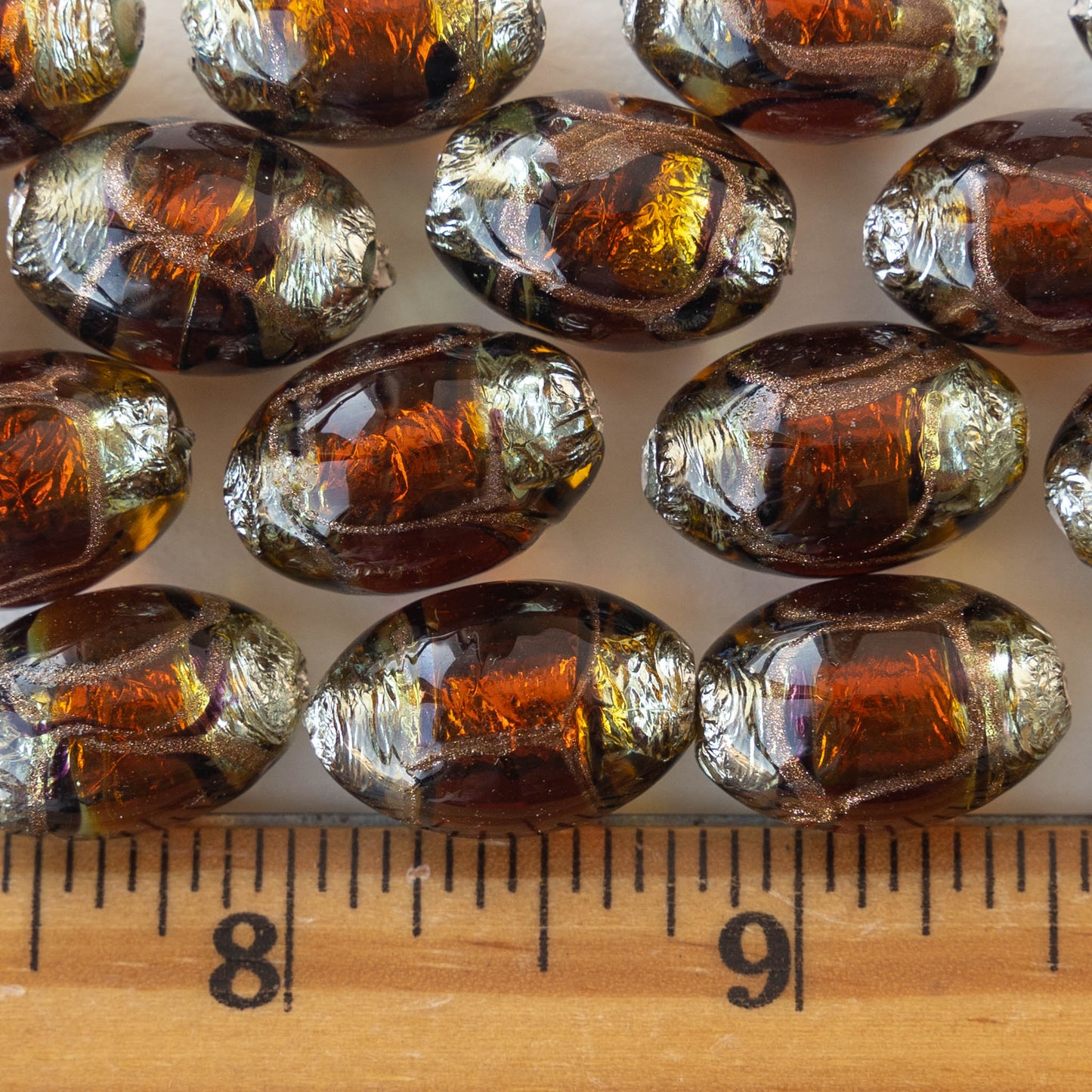 13x20mm Oval Lampwork Foil Beads - Amber - 1,2 or 4