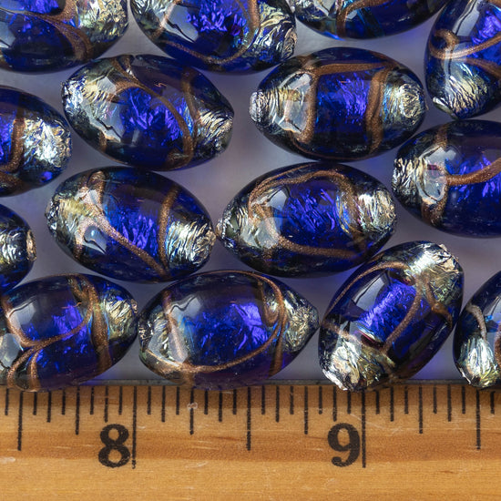 13x20mm Oval Lampwork Foil Beads - Cobalt Blue - 1,2 or 4