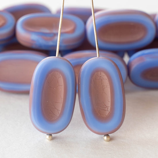 22mm Flat Glass Oval Beads - Periwinkle Blue with a Mauve Wash - 2 or 10