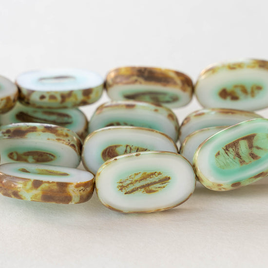 22mm Flat Glass Oval Beads - White with Seafaom and Picasso Edges - 2 or 10