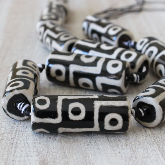 Dzi Barrel Beads - Black and White - 2 or 10 beads