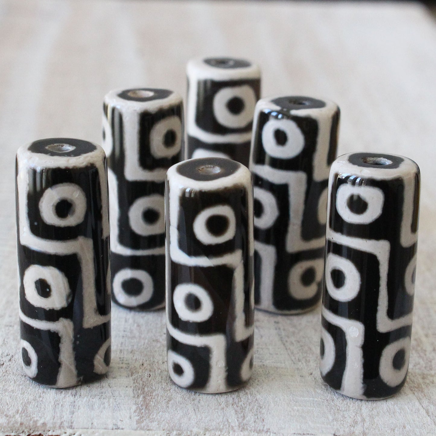 Dzi Barrel Beads - Black and White - 2 or 10 beads