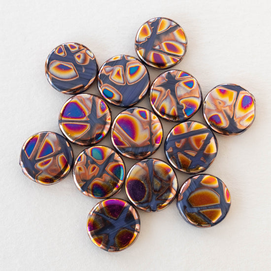 14mm Coin Beads - Coppery Batika on Black - 10 beads