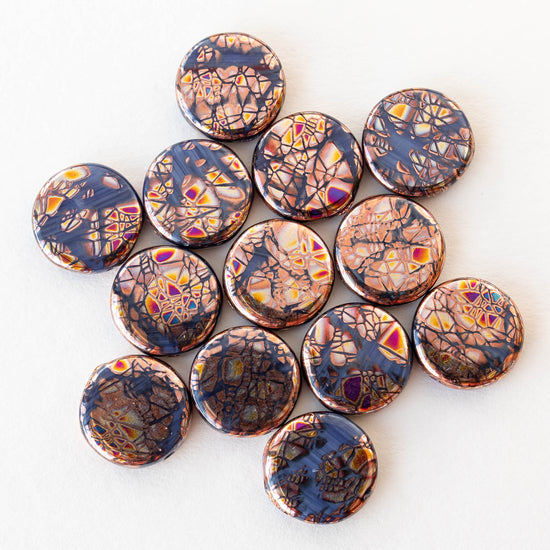 14mm Coin Beads - Coppery Batika on Black - 10 beads