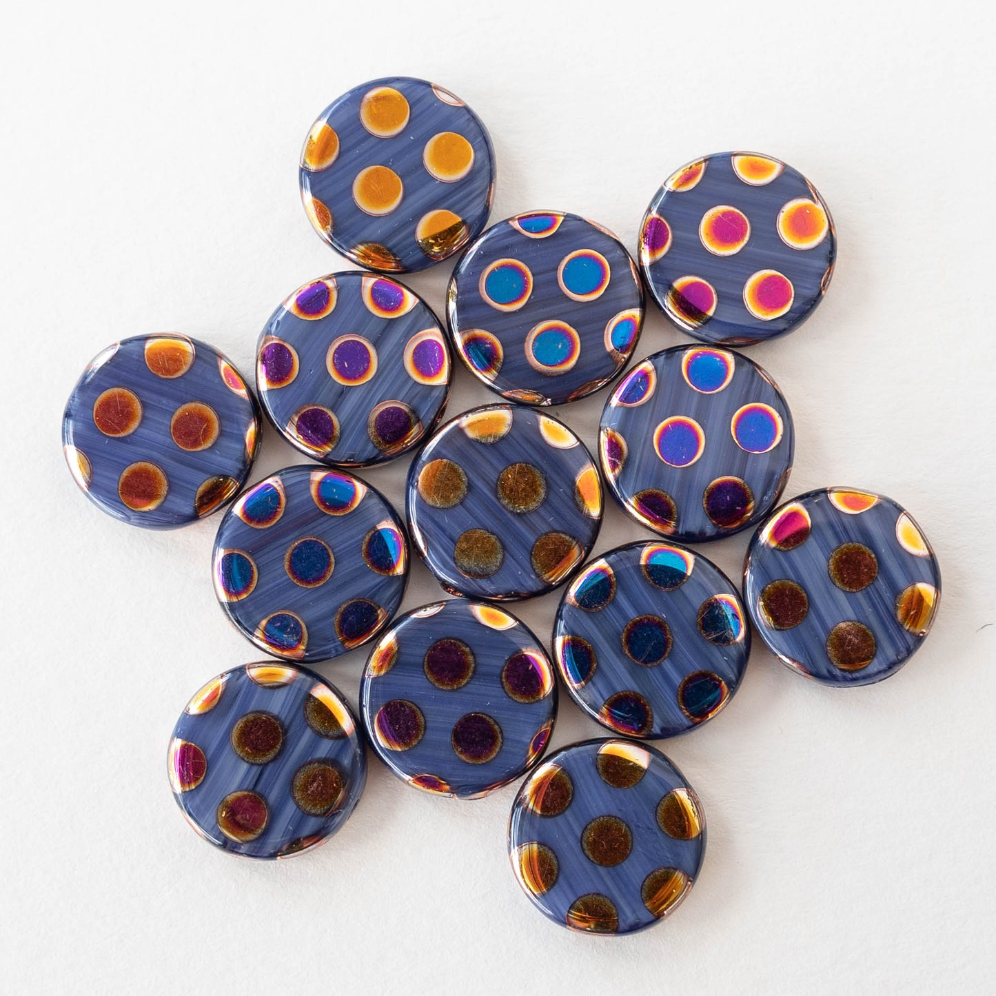 14mm Coin Beads - Polka Dots on Black - 10 beads