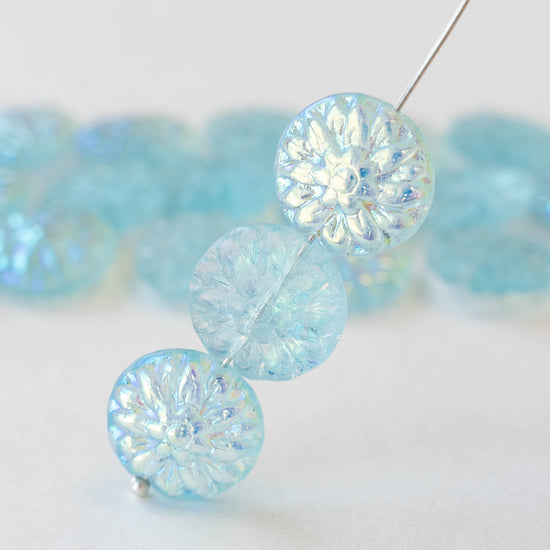 14mm Glass Dahlia Flower Beads - Lt. Aqua Blue with an AB Finish - 10 Beads