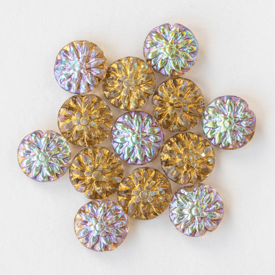 14mm Dahlia Flower Beads - Crystal AB with Gold Wash - 10 Beads