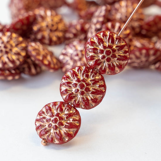 14mm Dahlia Flower Beads - Opaque Red with Copper wash - 10 Beads