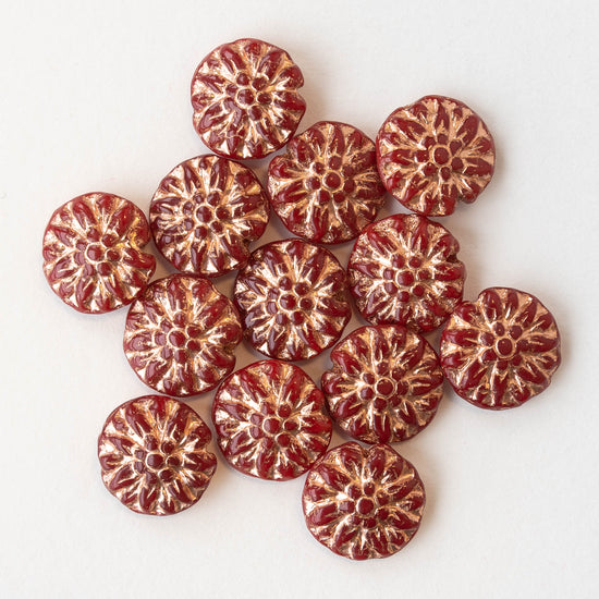14mm Dahlia Flower Beads - Opaque Red with Copper wash - 10 Beads