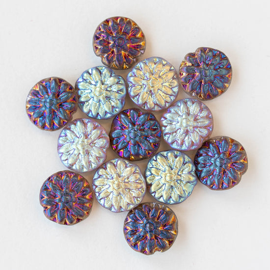 14mm Dahlia Flower Beads - Purple Iris with a Mercury Coat - 10 Beads