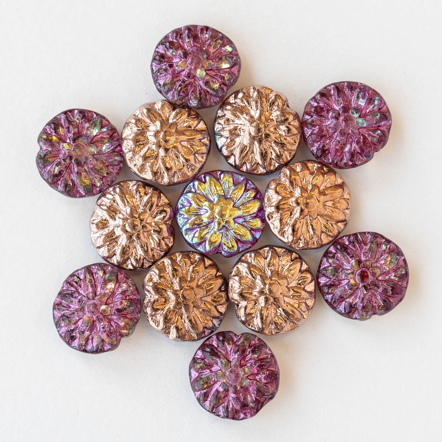 Load image into Gallery viewer, 14mm Dahlia Flower Beads - Copper and Metallic Pink Iridescent Finish - 10 Beads
