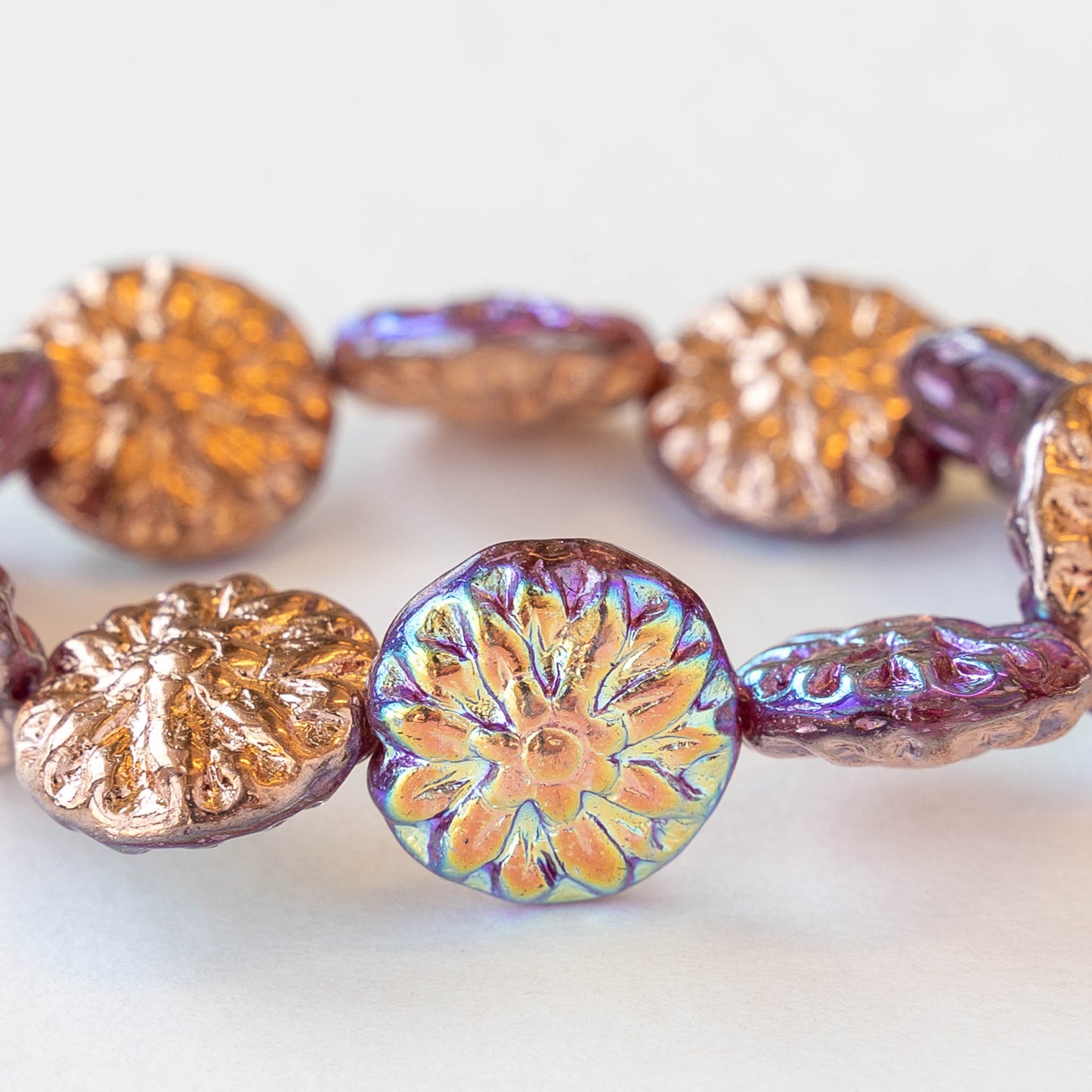 14mm Dahlia Flower Beads - Copper and Metallic Pink Iridescent Finish - 10 Beads