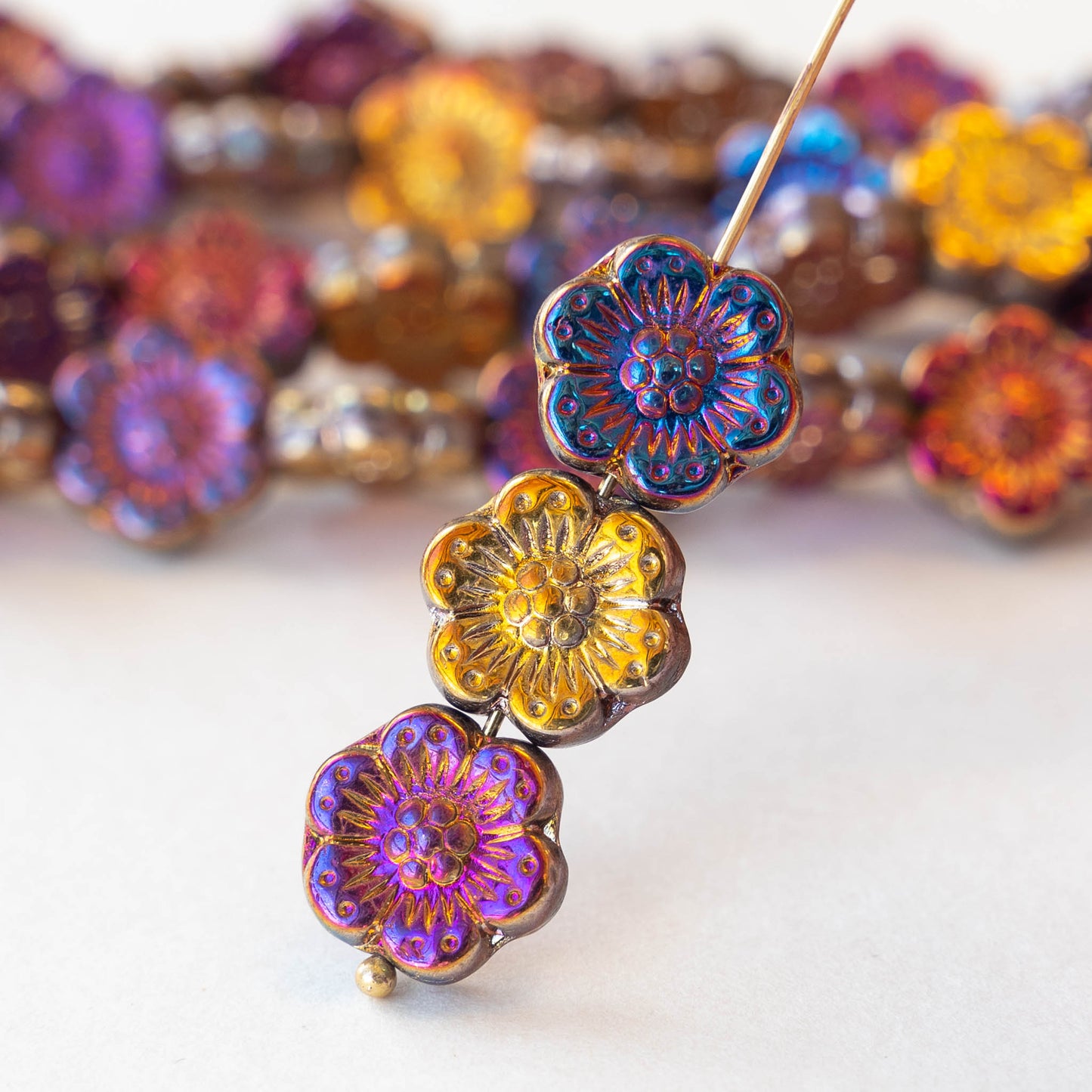 14mm Anemone Flower Beads - Metallic Iris Mix - 10 Beads