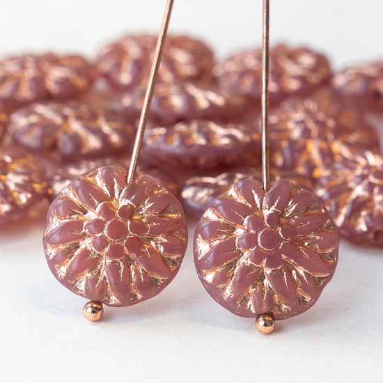 Load image into Gallery viewer, 14mm Dahlia Flower Beads - Dusty Rose with Copper Wash - 10 Beads
